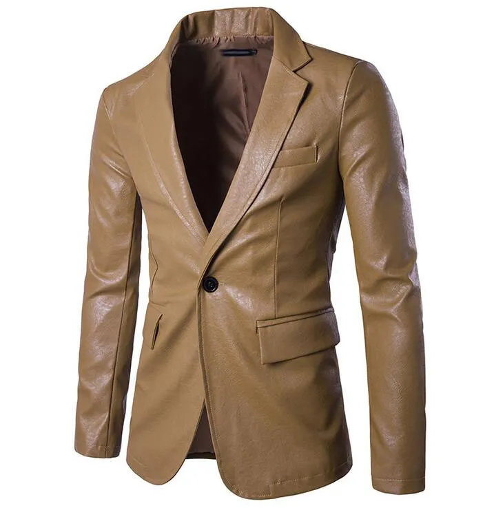 Primavera nueva ropa de hombre de color puro Slim Fit PU cuero moda hombres trajes Blazers envío gratis