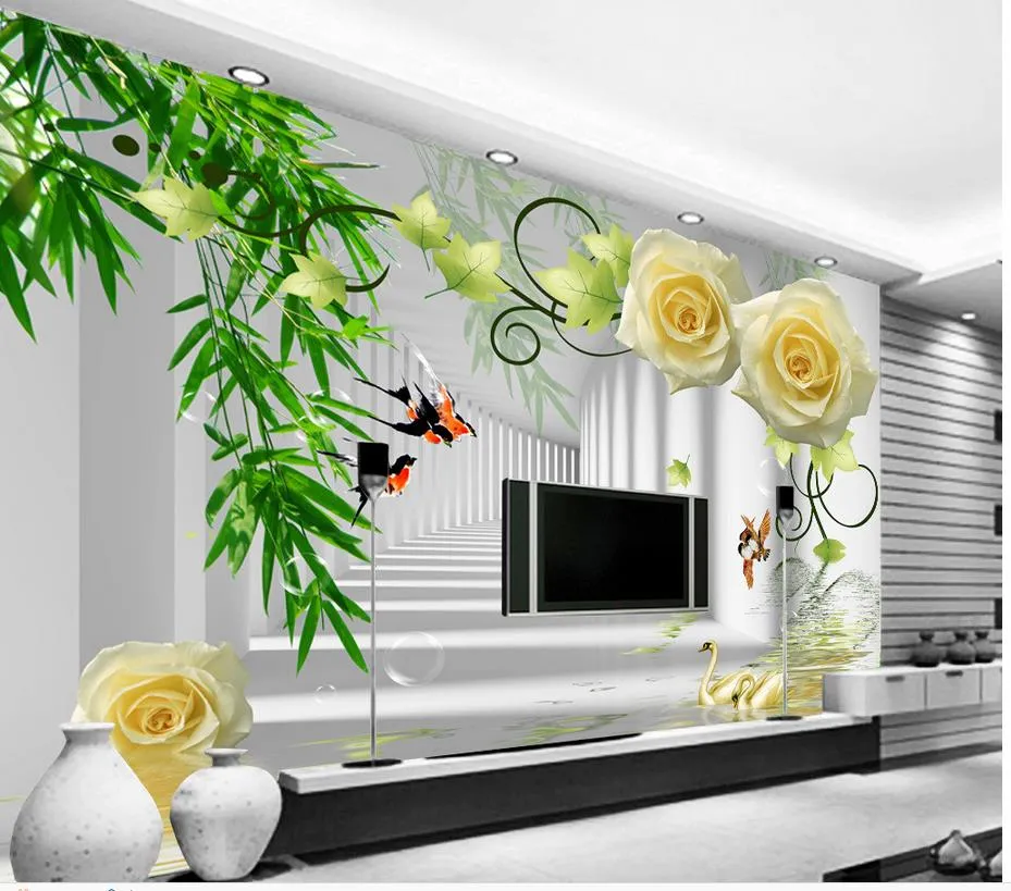 Custom elke maat Water Rose Bamboo Forest Flying Bird Fashion Woonkamer TV-muurschildering