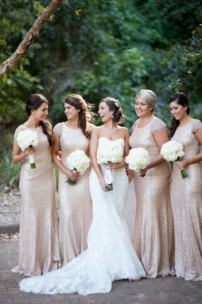 Shiny Cheap Champagne Sequins Bridesmaid Dresses With Cap Sleeves Floor Length Custom Made Plus Size Backless Bridesmaid Dress Prom Dresses