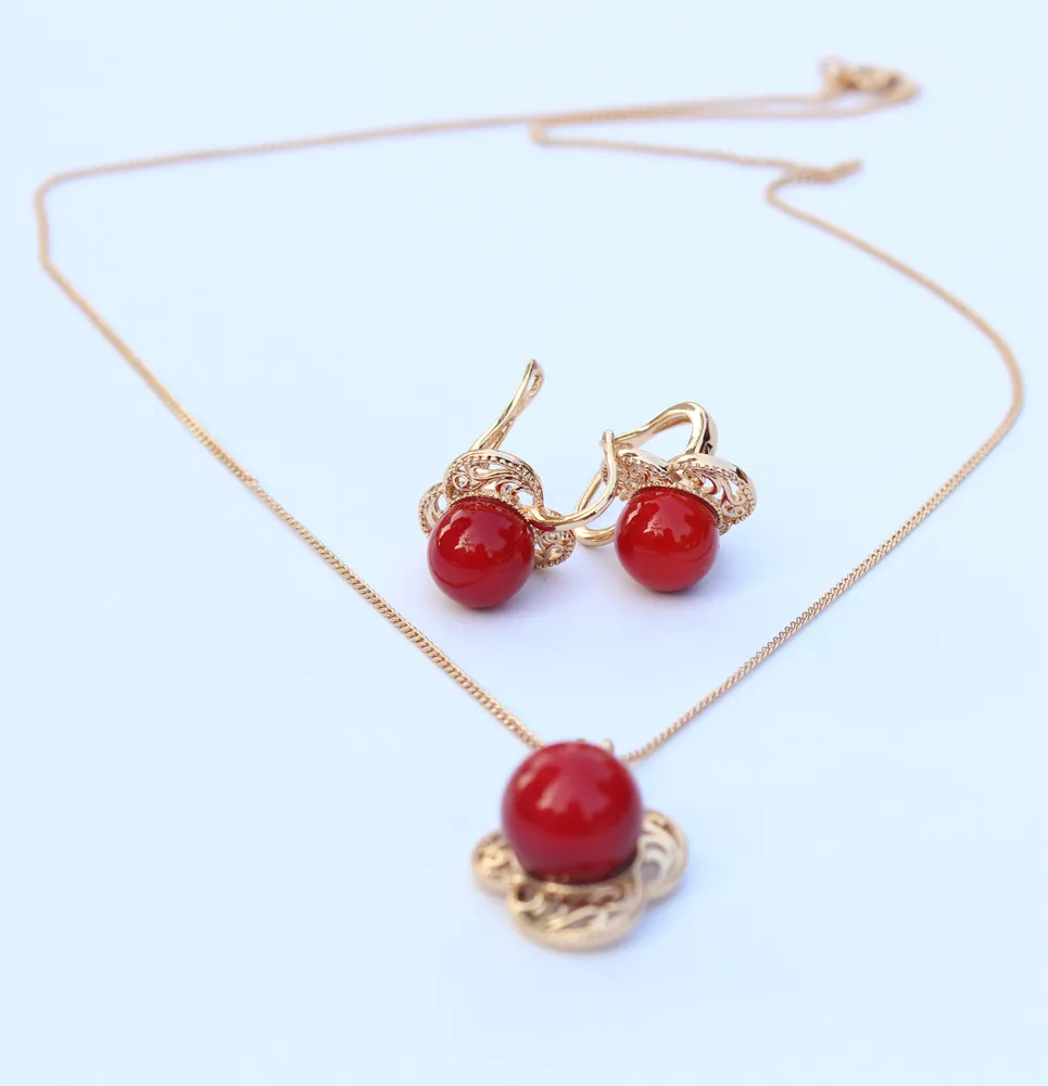 Boucles d'oreilles parfaites en forme de boule de corail rouge + pendentif collier femmes fiançailles de mariage/anniversaire ensemble de bijoux 11 G
