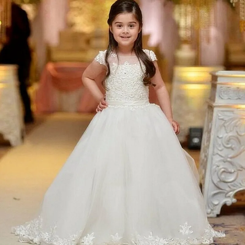 Baratos Lace árabes Flower Girl Dresses Cristais Vintage Tule Vestidos de criança bonita vestidos de casamento do florista