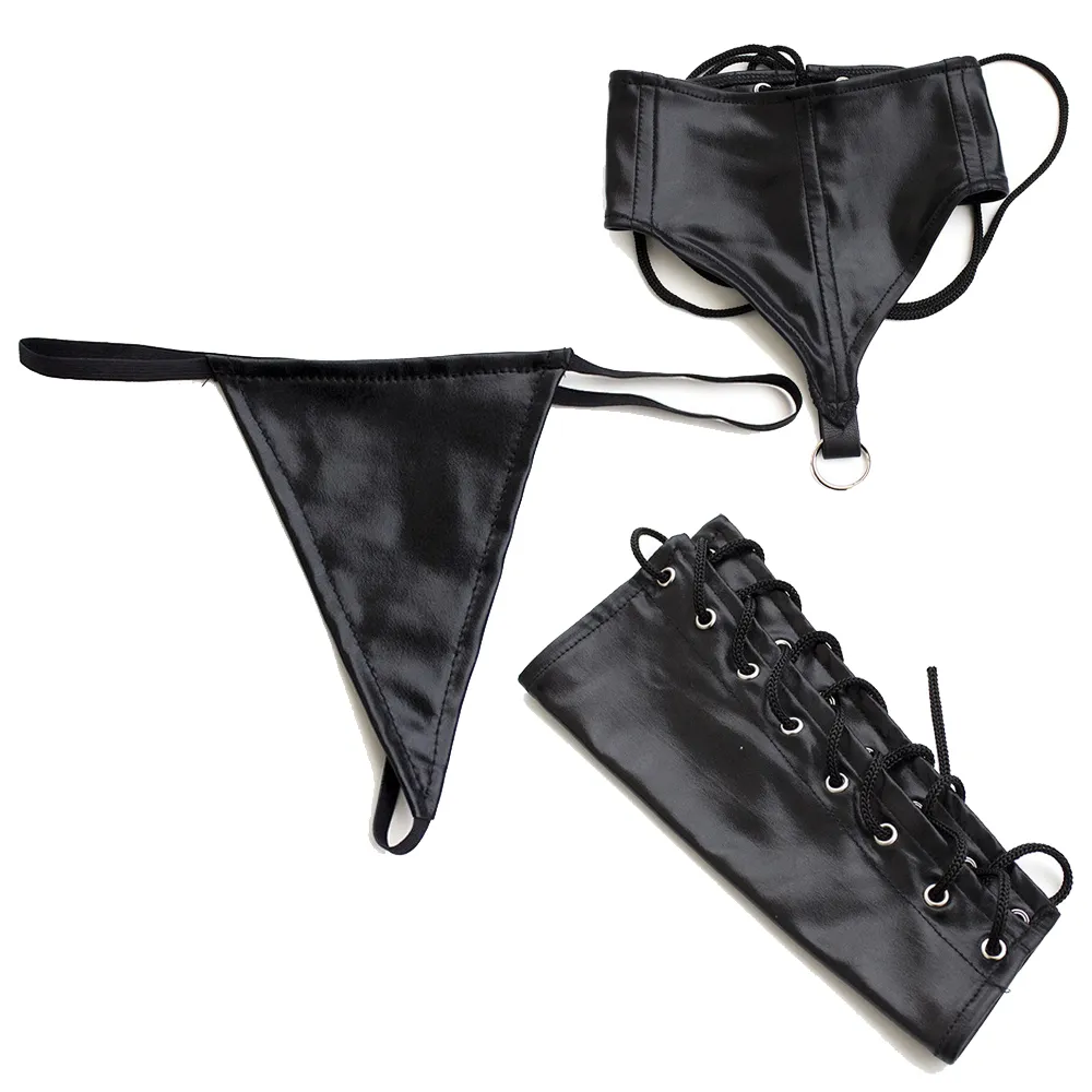 Mulheres negras Do Punk Gótico Faux Leather Lace-up Zíper Lingerie Set Bustier Sexy Espartilho Boate Partido Traje