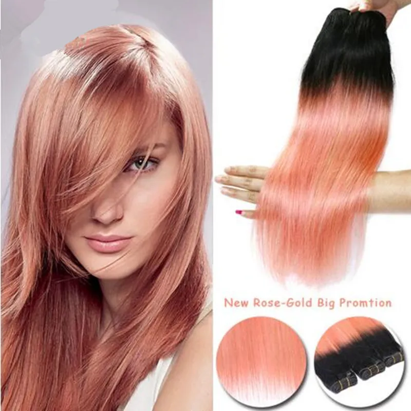 Estensioni dei capelli Ombre Oro rosa con radici scure Capelli vergini lisci brasiliani 3 pezzi Ombre brasiliane morbide Tessuto rosa oro rosa