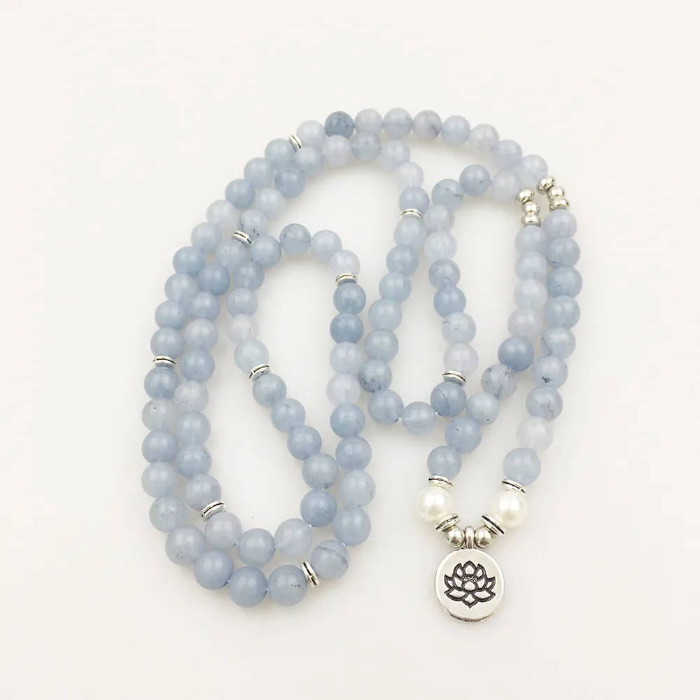 SN1205 Design Womens 8 mm Blue Stone 108 Mala Beads Bransoletka lub naszyjnik Lotus Charm Bransoletka 2876709