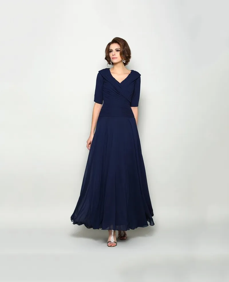 Robes mère de la mariée bleu marine foncé, grande taille, pour mariages, longueur cheville, demi-manches, plis, vêtements de cérémonie pour mère du marié