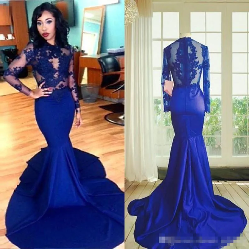 Long Sleeves Lace Prom Dress Mermaid Style High Neck See-Through Lace Appliques Sexy Royal Blue African Party Evening Gowns 2019
