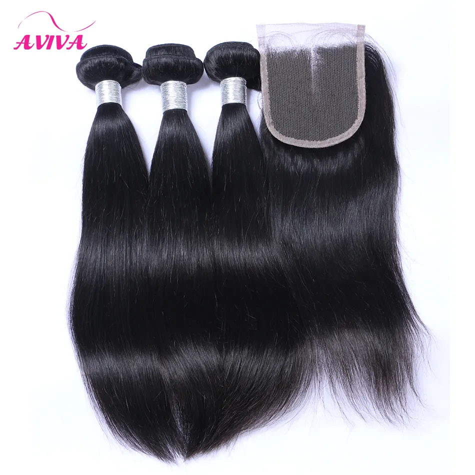 Kantsluiting met 3 bundels Braziliaans recht haar 8a Peruviaanse Indiase Maleisische Cambodjaanse Virgin Menselijk Haar Weeft Natural Color Extensions