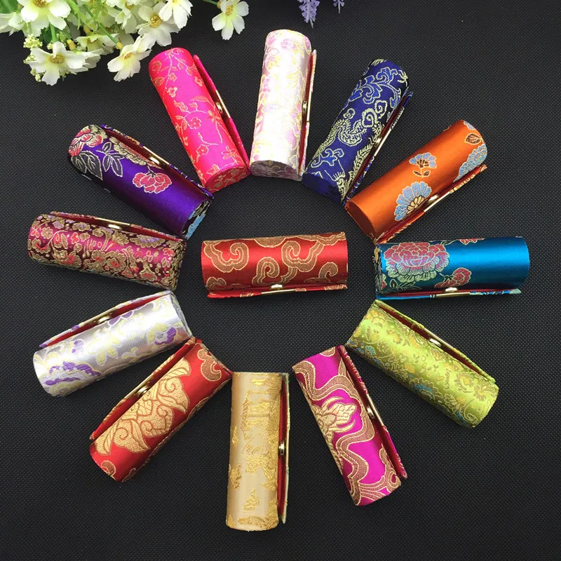 Vintage Cheap Empty Lipstick Case Mirror Chinese Silk Brocade Lip Balm Tubes Packaging Box Lip gloss Makeup Containers 