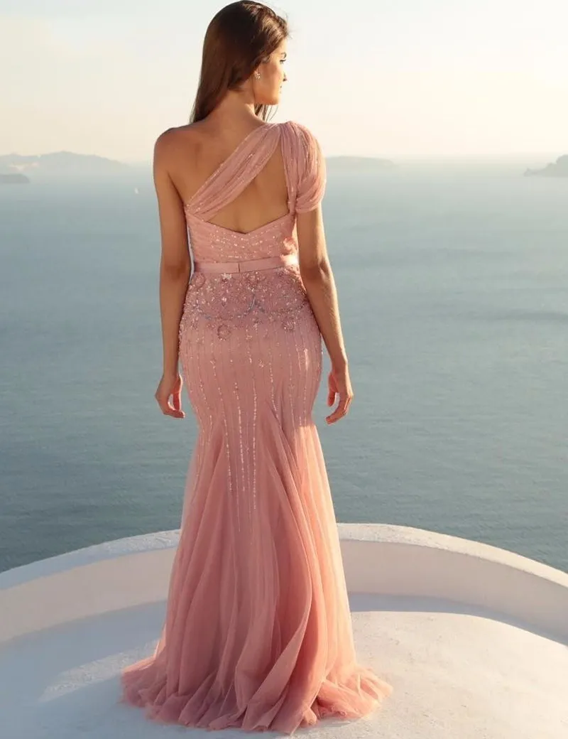 One Shoulder Blush Pink Mermaid Formal Prom Dresses Sparkly Sequins Party Dresses Open Back Evening Gowns