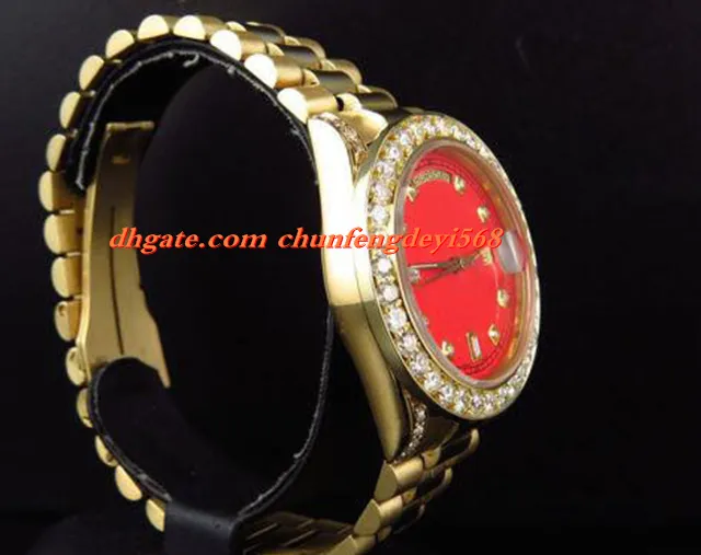 패션 최고 품질 럭셔리 손목 시계 망 41MM 18038 18k 옐로우 골드 레드 다이얼 큰 다이아몬드 자동 움직임 남성 시계 새로운