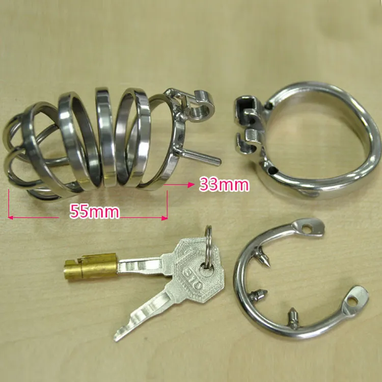 BDSM106-2 Magic lock new chastity devices with spike anti-off ring stainless steel small male chastity cock cage