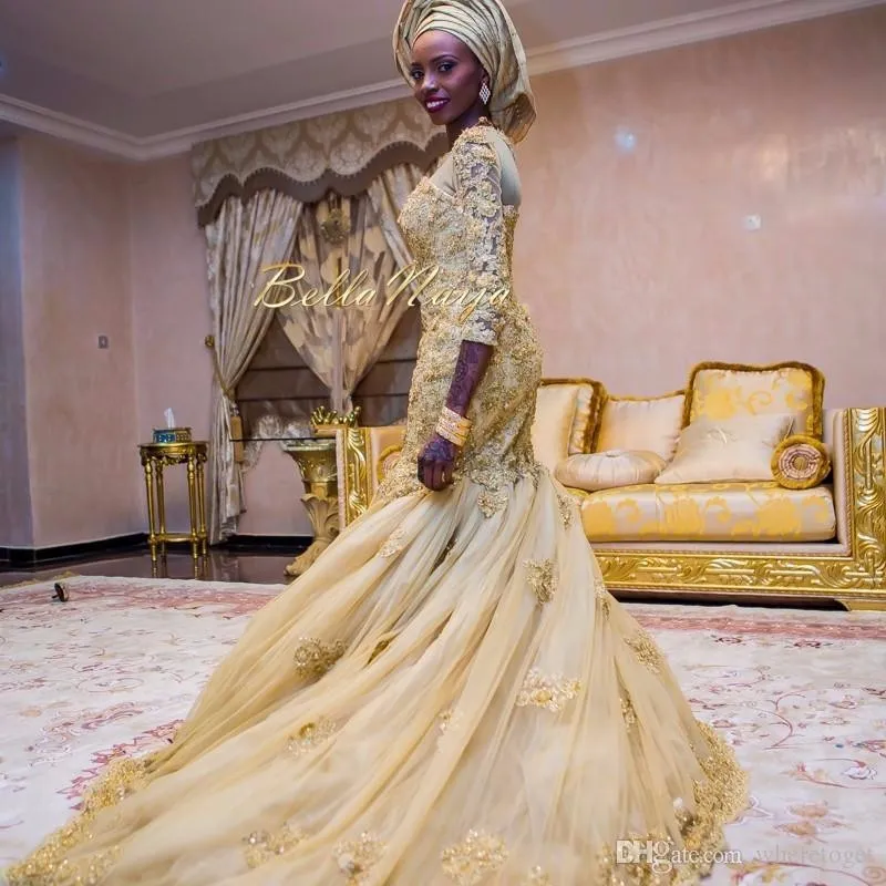 2021 Arabiska Mermaid Gold Lace Bröllopsklänningar Afrikanska Nigeriska Appliques Tre Kvartär Ärmar Bröllopklänningar Med Tulle Wrap