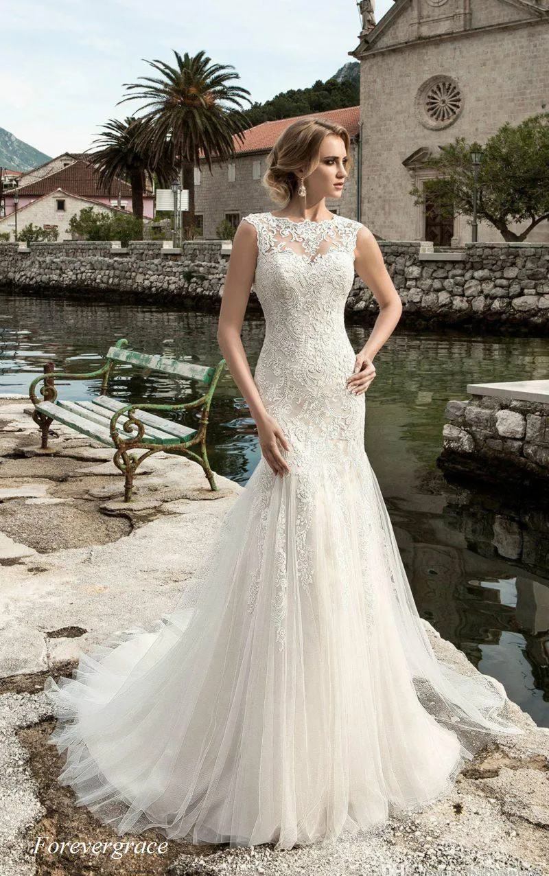 Abito da sposa elegante con corsetto in pizzo a sirena Abito da sposa lungo girocollo senza schienale Abito da sposa donna taglie forti Vestido De Noiva Longo su misura