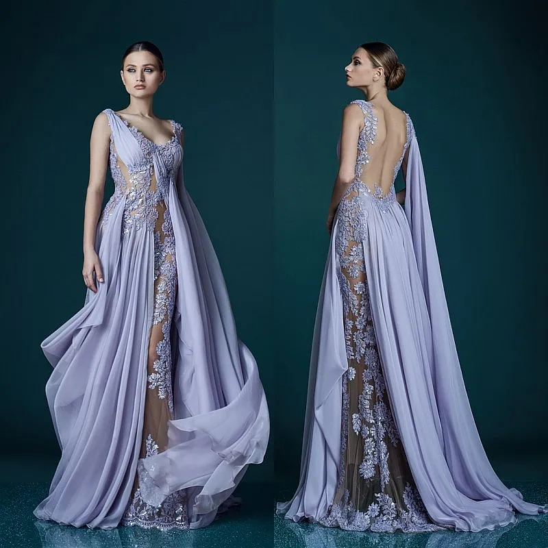 Djupa v-nacke lavendel kvällsklänningar med wrap applikationer Sheer Backless Celebrity Dress Evening Gowns 2017 Bedövning Chiffon Long Prom Dress
