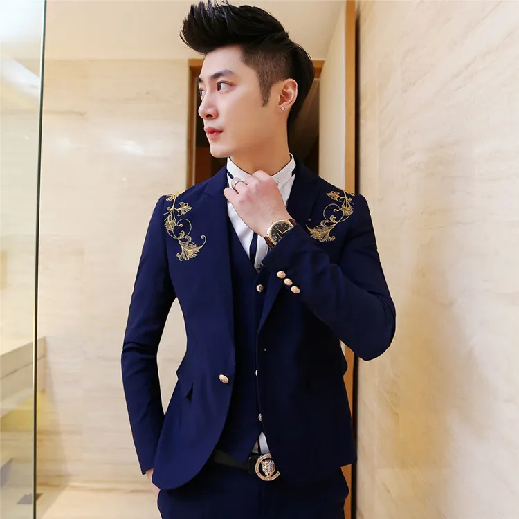 Wholesale- 2015 spring new mens business casual fashion flower embroidered suit jacket Slim blazer black red blue white navy M - XXL D3299