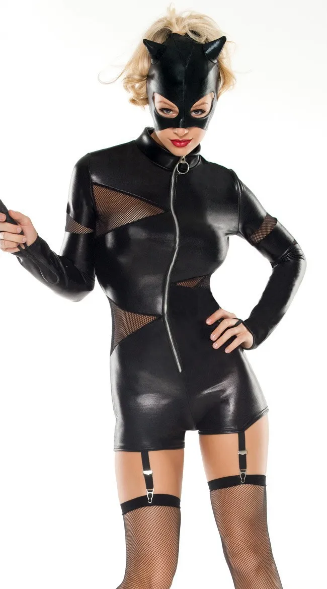 Combinaison Catsuit en Faux cuir noir pour femmes, combinaison courte, Costume Catwoman Sexy, tenue d'halloween, robe fantaisie, body Cosplay avec masque