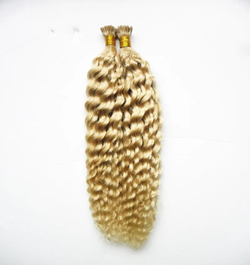 Malezyjski Kinky Curly Blonde Keratyn Rozszerzenie Włosów I Wskazówka 100G 1G / Strand Pre Bonded Włosy Kapsułki Keratyn Stick Tip Extensions