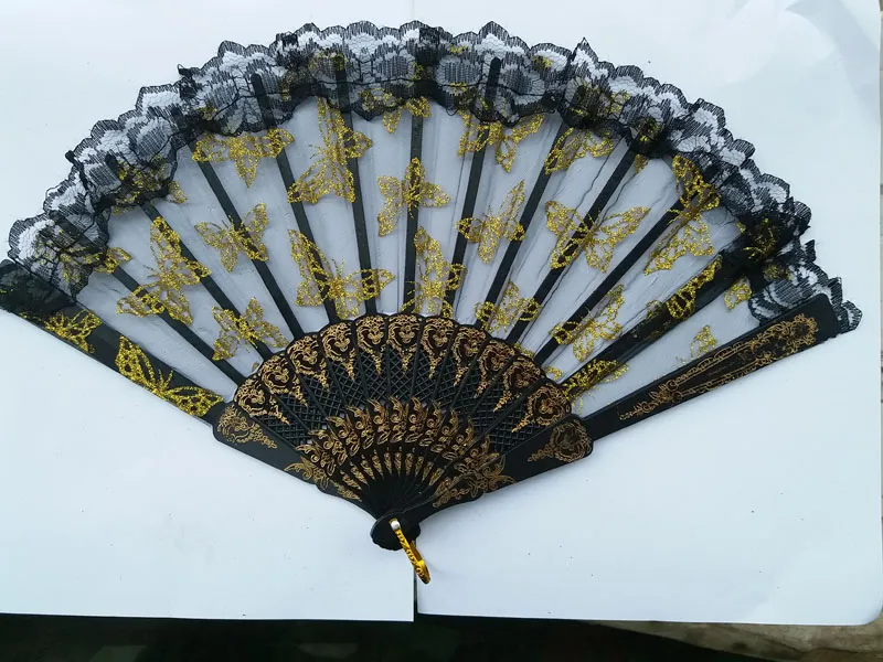 Chinese Style Lace Gilt Edge Plastic Fan Needlepoint Gold Butterfly Transparent Lace Plastic Handheld Folding Fans / 