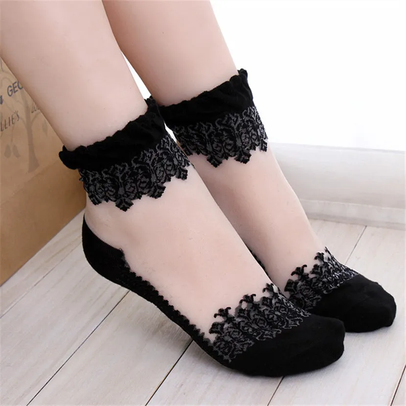 Wholesale-Ultrathin Transparent Beautiful Crystal Lace Elastic Short Socks