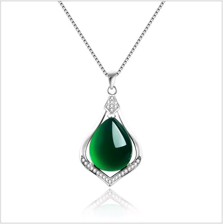 Natural Jade Green Stone Pendant Necklace in 925 Sterling Silver