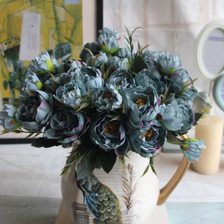 Mini flor de peonía de seda artificial 1 ramo 5 cabeza hoja falsa fiesta en el hogar jardín decoración de la boda azul / marfil / rosa / rosa caliente
