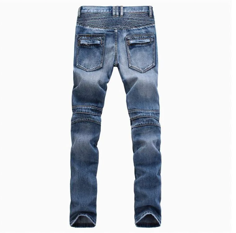 Fashion Men`s foreign trade light blue black jeans pants motorcycle biker men washing to do the old fold men Trousers Casual Runway Denim