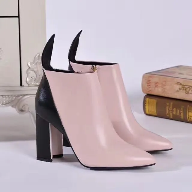 fashionville*u751 40 41 pink genuine leather pointy thick heel short boots luxury designer runway sexy fashion