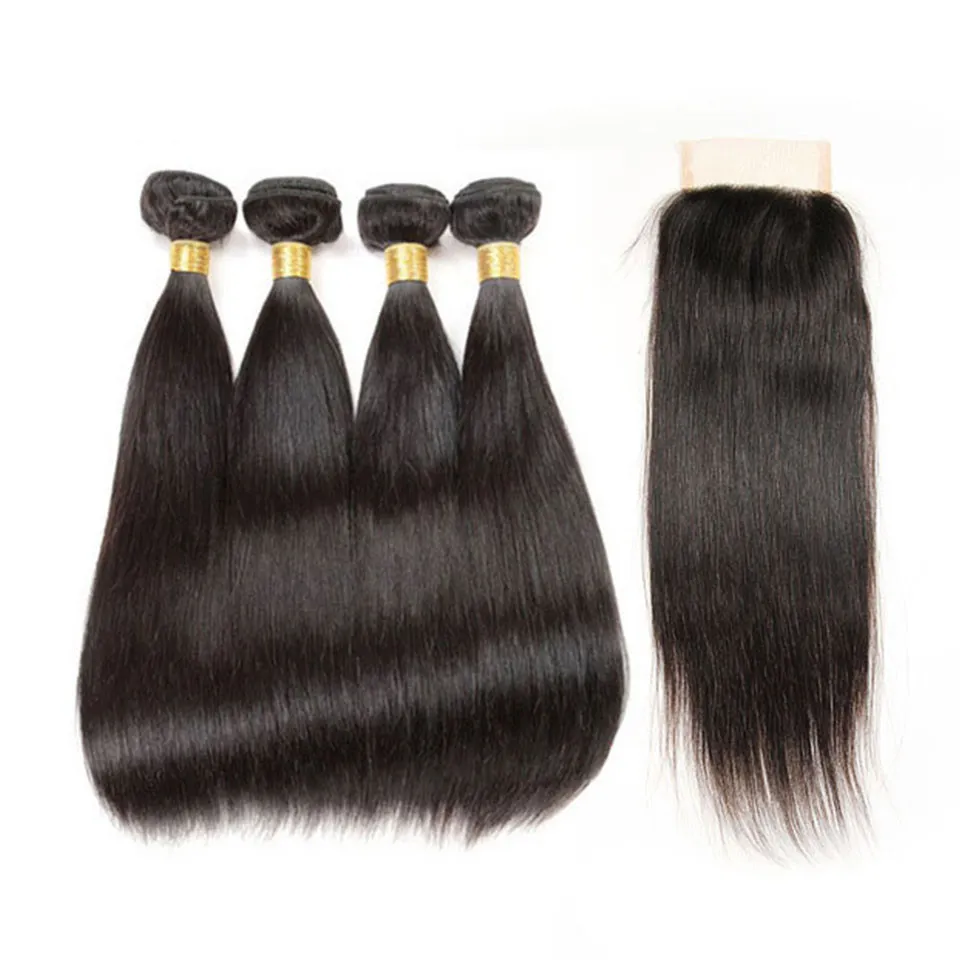 Peruvian Virgin Hair With Closure 4 Bundles Human Hair Weave med 4 * 4Closure peruanska raka hårbuntar med spetslåsning