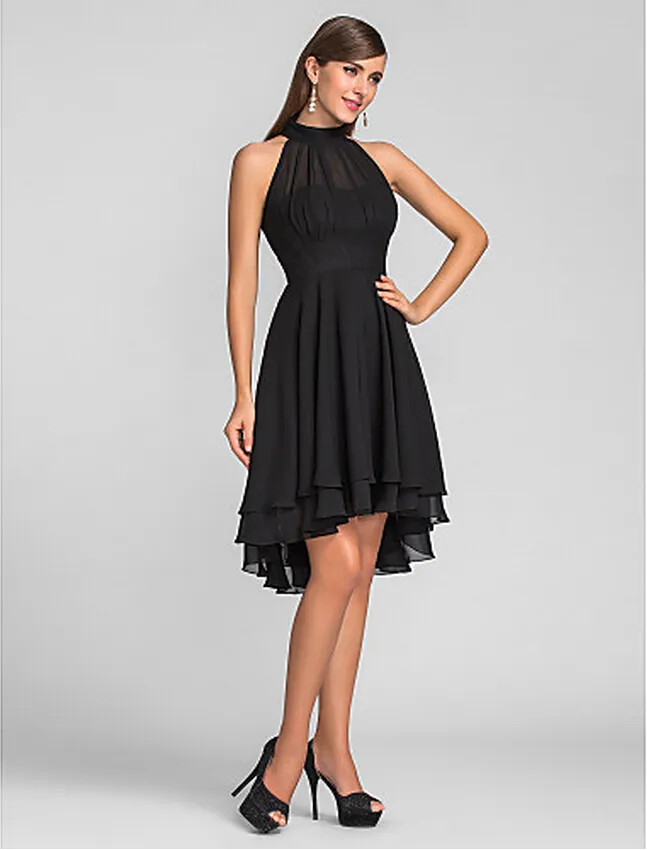 Neue Ankunft Elegantes Neckholder-Abendkleid aus schwarzem Chiffon Hi-Lo-Partykleider Kleider Cocktail-Abschlusskleid der 8. Klasse Cu260I