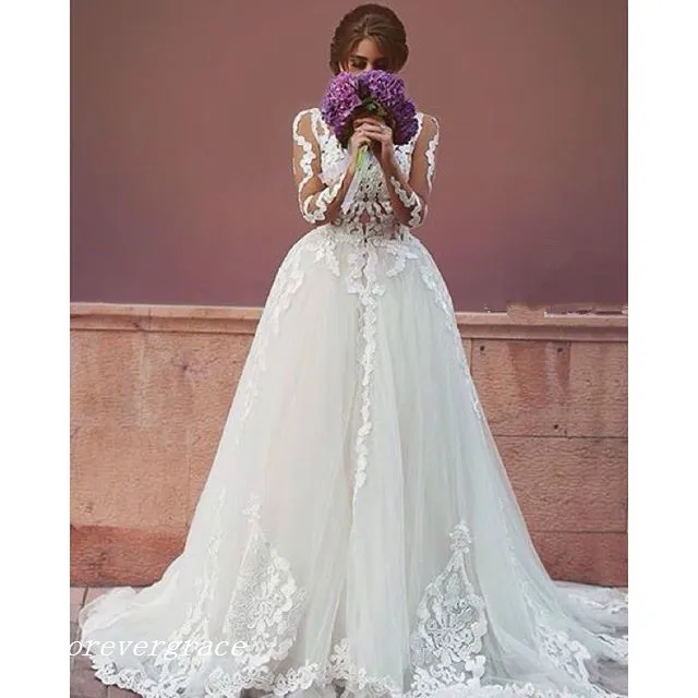 Custom-Made Elegant Tulle Deep V Wedding Dress with Appliques and Long Sleeves