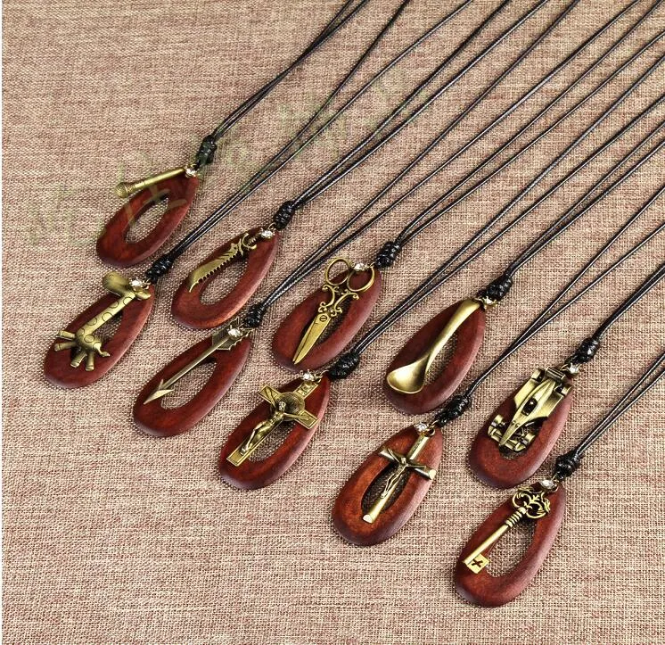 vintage Solid Wood Necklaces Oval Double Giraffe Ngau Tau Eiffel Tower Couple Cross pendant sweater chain Leather men women handmade stylish