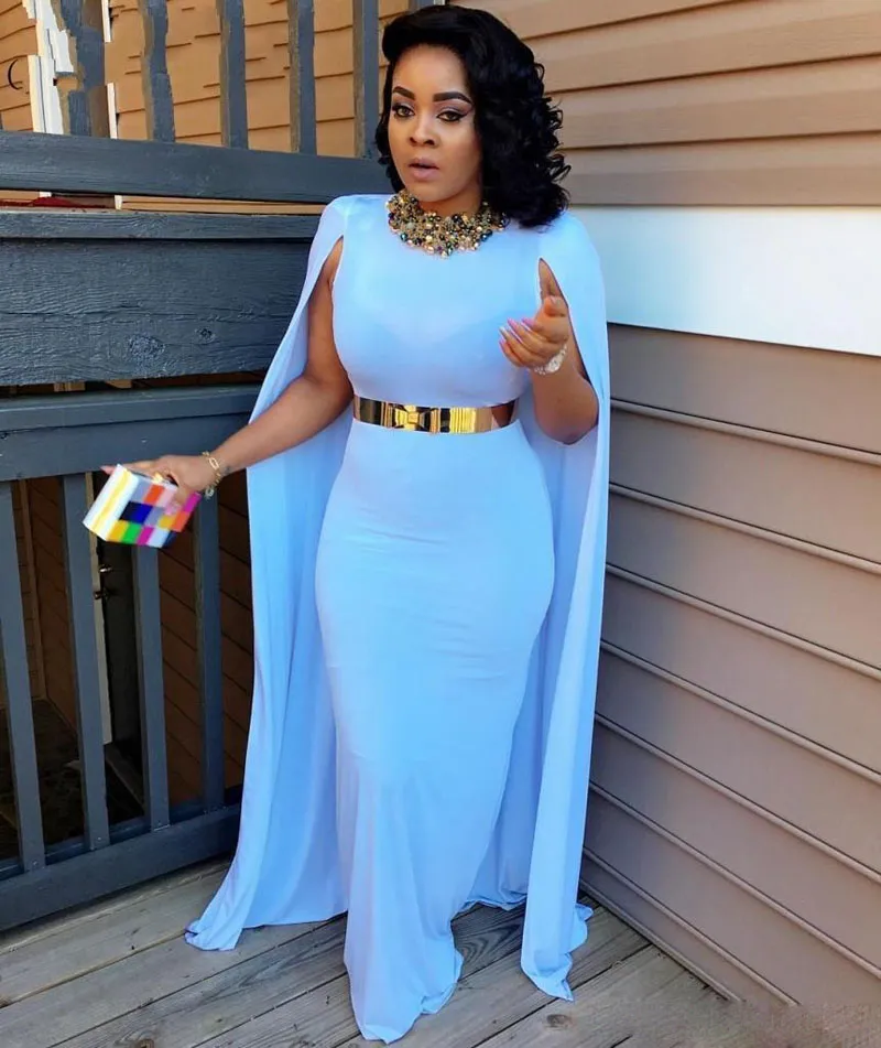 Luz Azul Plus Size Cape Style Vestidos de Noite 2017 Bainha Comprimento do Assoalho Vestidos de Noite Aso Ebi Sul Africano Mulheres Formal Party Vestidos