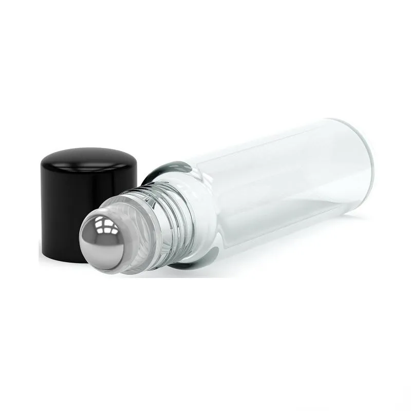 Partihandel Glasflaskor / Kartong Rensa Amber Blå Frostat Tjock 10ml Glasrulle på Flaskor Med SS Roller Boll Svart Silver Gold Cap