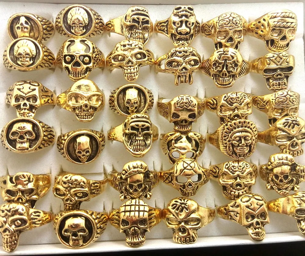 Wholesale lot 50pcs Gold Mix Men Gift Mens Punk Style Jewelry Skull Ring Skeleton Pattern Man Gothic Biker Rings Party Gift Wholesale