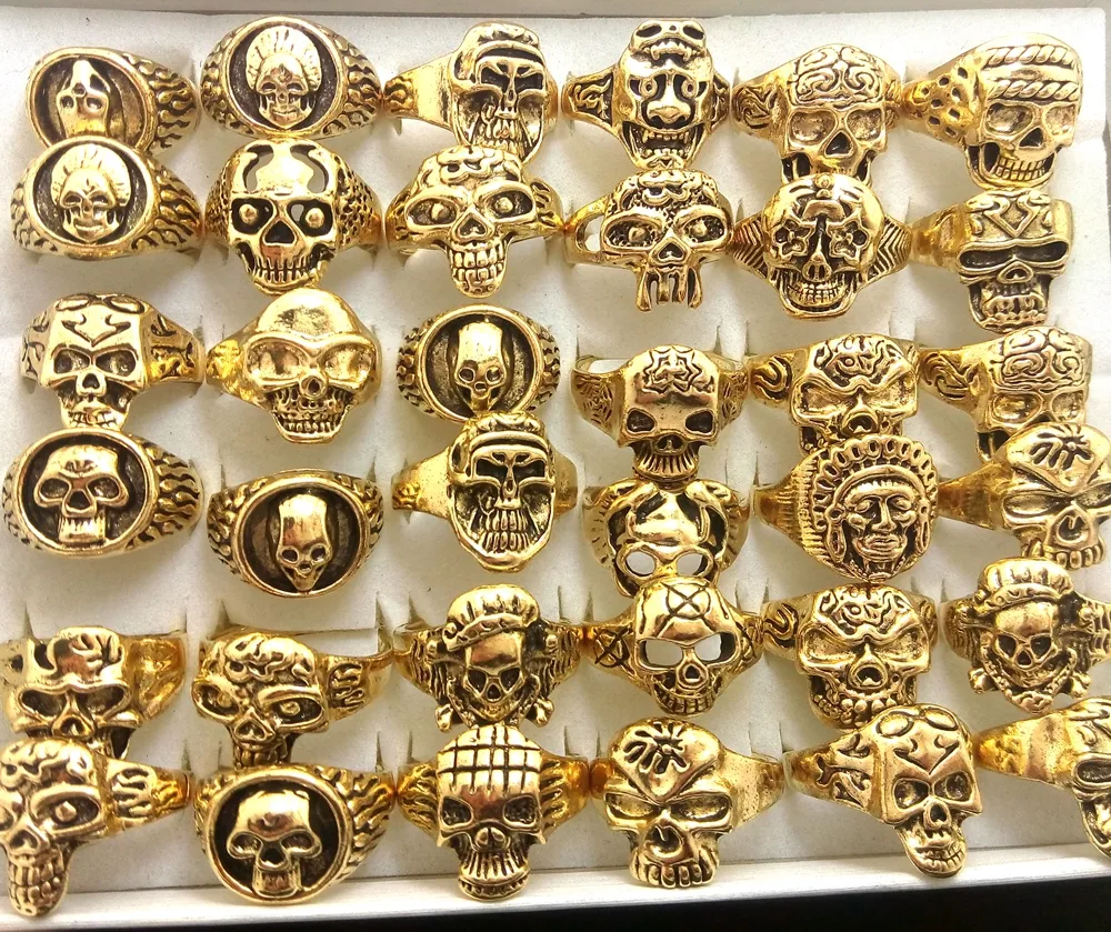 Groothandel lot 50st Gold Mix Mannen Gift Heren Punk Style Sieraden Skull Ring Skelet Patroon Man Gothic Biker Ringen Party Gift Groothandel