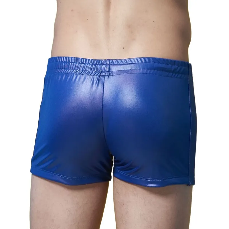 Svart / Röd / Blå Sexig Män Casual Shorts Tight Faux Läder Shorts Boxer Drawstring Baddräkt WetLook Sommar Night Clubwear