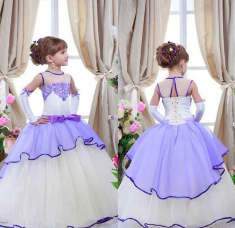 Lavender White Little Girl Wear Formal Dresses Kids Lace Sheer Neck Ball Gown Flower Girl Dress