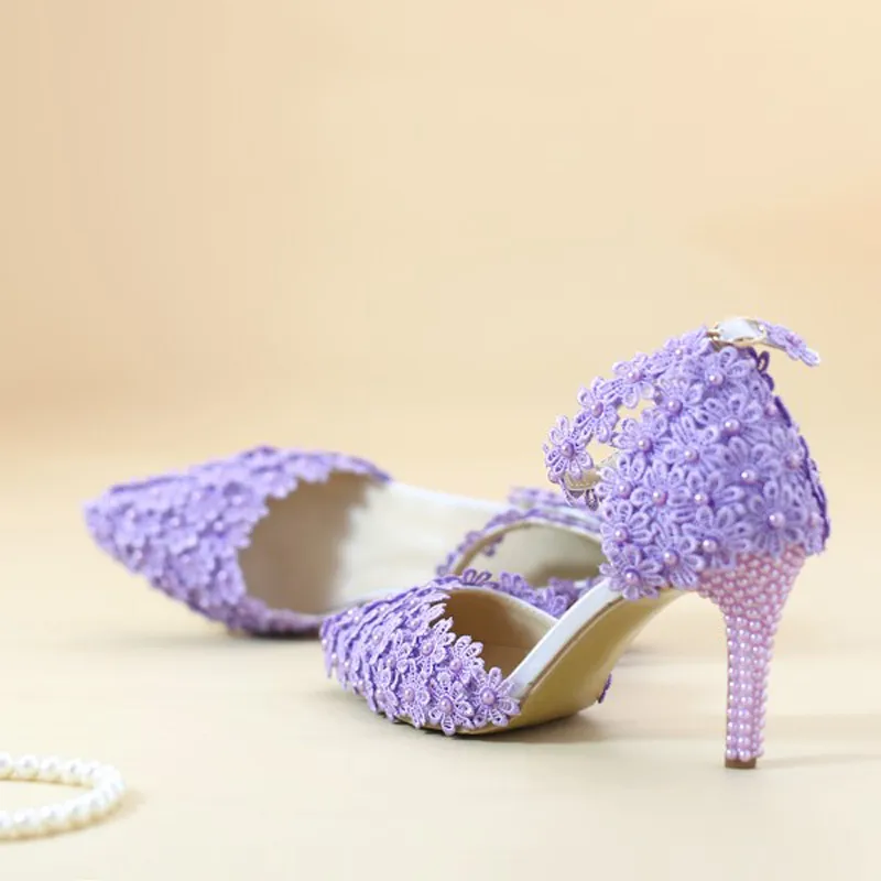 Tira No Tornozelo Sandálias de Verão Handmade Lace Flor Mulheres Saltos Médios Sapatos de Casamento Nupcial Adulto Cerimônia Bombas Roxo Amarelo