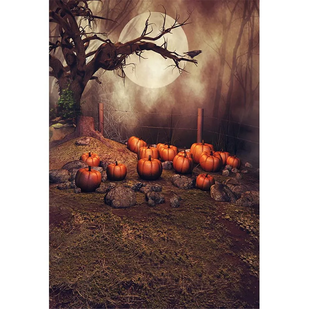 Alter Baum Vollmond Nacht Happy Halloween Fotografie Kulissen für Kinder Spinnennetz Kürbisse Kinder Studio Fotoshooting Hintergrund