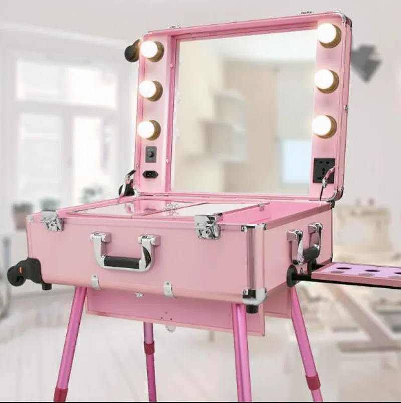4 färger makeup artist tåglåda med LED-lampor Station Trolley Studiohjul med ben Kosmetiska fodral med universella hjul