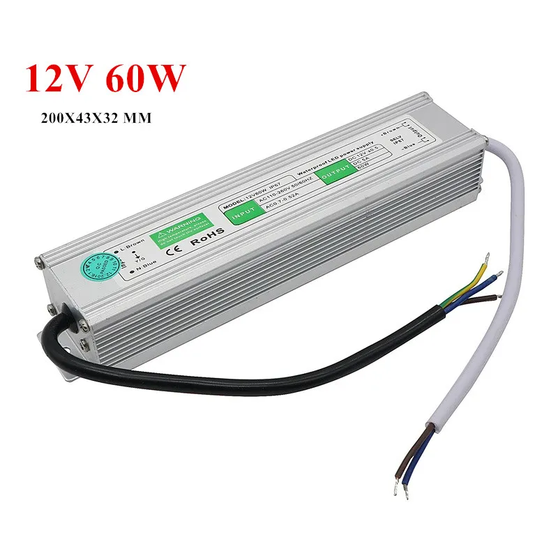 Waterproof 12V 5A 60W LED Power Supply Driver Transformer Dual Putout for LED Strip LED Module