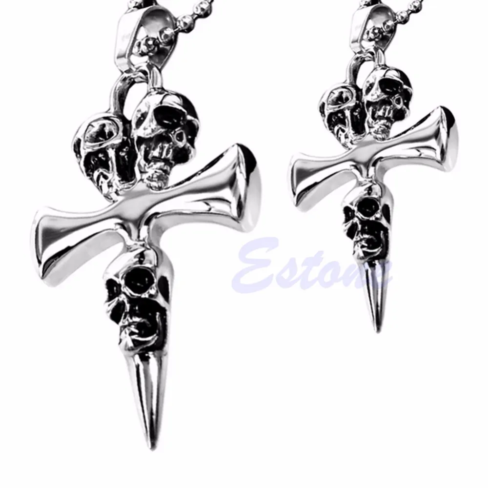 Groothandel-Nieuwe Gift Unisex Mannen Roestvrijstalen Schedel Cross Biker Hanger Ketting Ketting