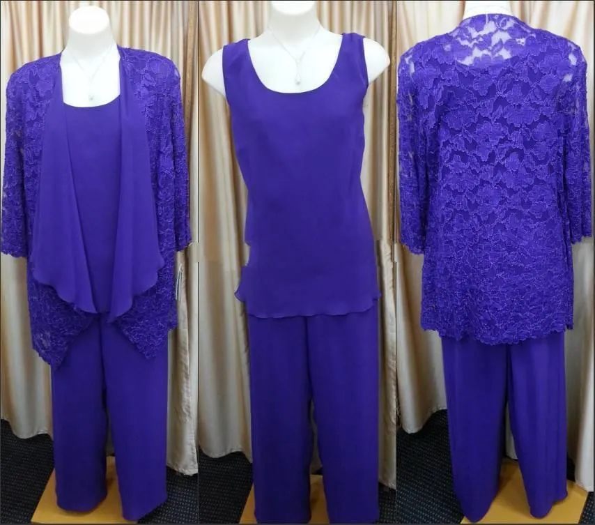 Taille Plus Mère de la mariée Signiques pantalons Clets Purple 2019 Fall Fabriqué trois pièces Lace Mothers Robes avec veste