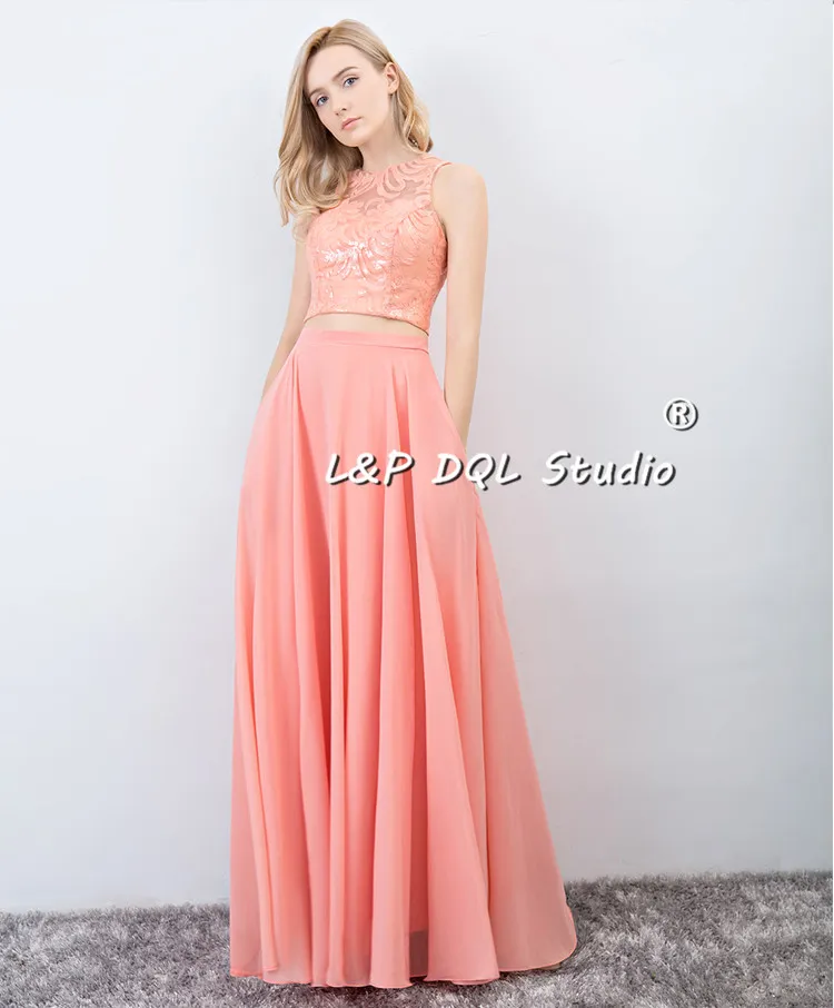 Chiffon Country Bridesmaid Dresses Two Pieces Long Floral Lace Top Wedding Party Dresses with Pockets Prom Gowns Dark Navy,Pink,Blush