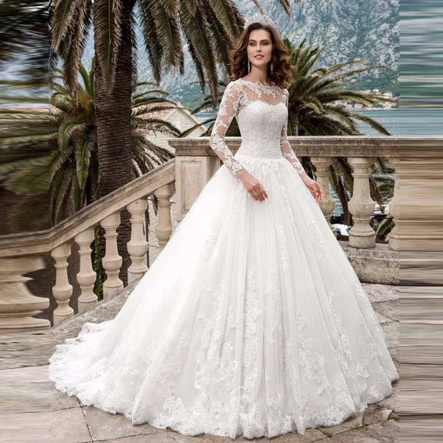 스쿠프 A 라인 긴 소매 레이스 Applique 웨딩 드레스 2021 Bridal Gowns Vestido de Casammero