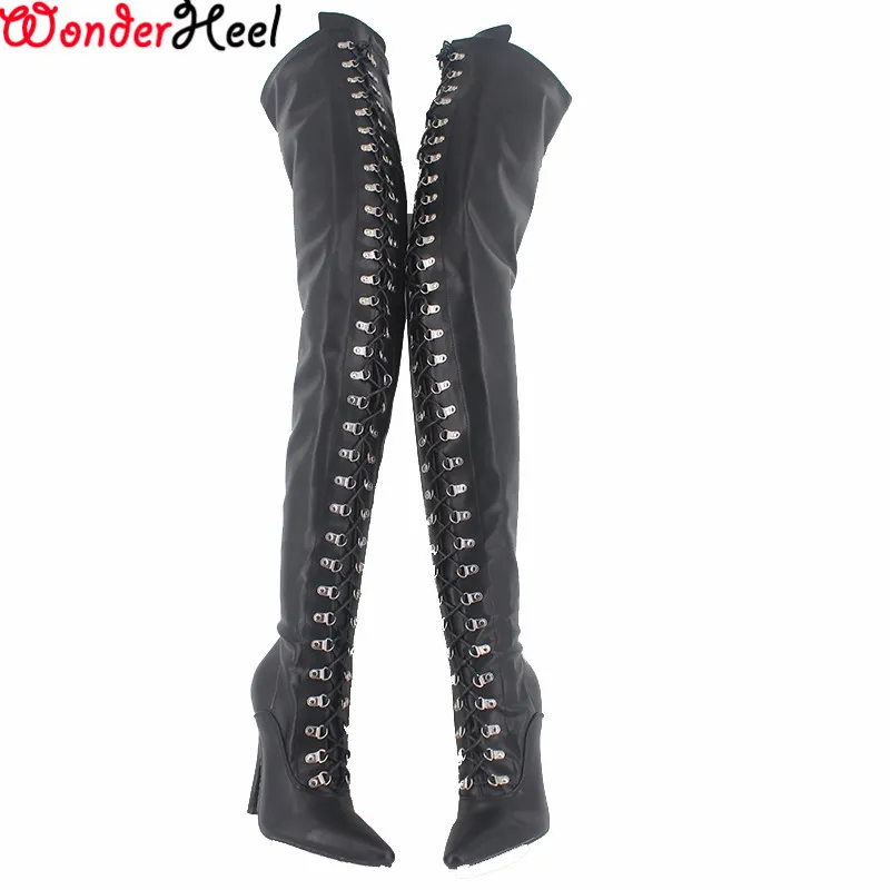 Wonderheel 극단적 인 하이힐 12cm Stiletto overknee 부츠 매트 허벅지 높은 부츠 섹스 페티쉬 하이힐 레이스 업 가랑이 부츠