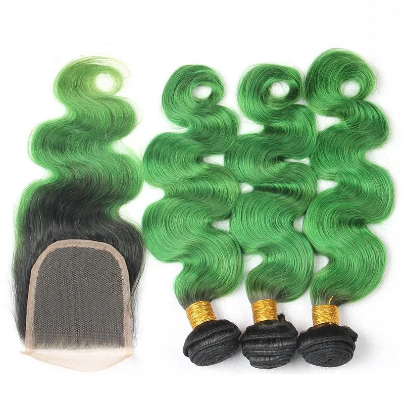 1B Smaragdgrün Körperwelle Ombre Brasilianische Reine Menschenhaar-webart 3 Bundles Mit 4x4 Spitzeschliessen vorgerissenen Natürlichen Haaransatz
