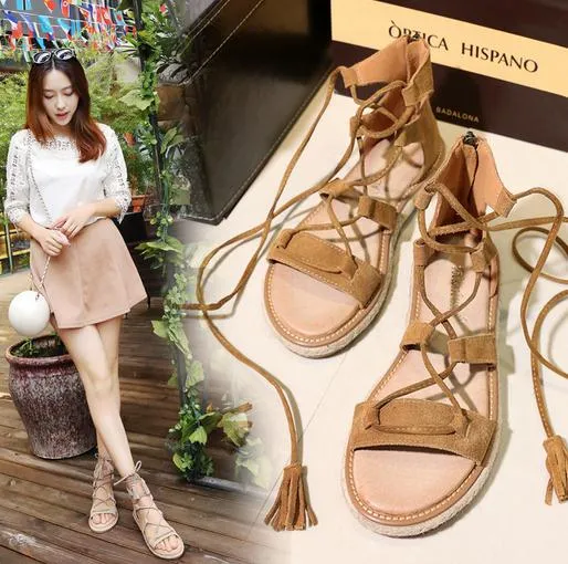 Female Summer models leather soles flat shoes Lace exposed toes Tassel sandals 34-42