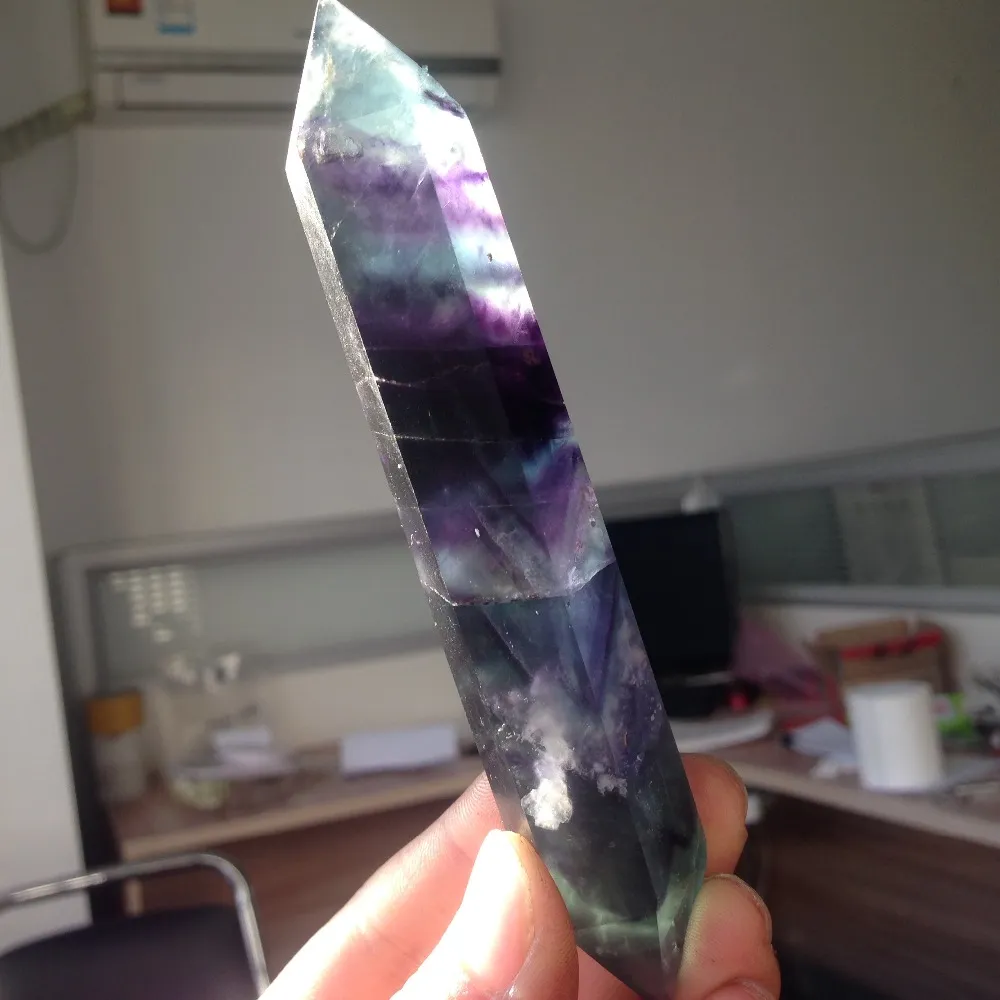 120 g 100 % natürliche Doppelpunkte aus violettem und grünem Fluorit-Kristallstab, heilende Kristallpunkte, Heimdekoration, Ornamente