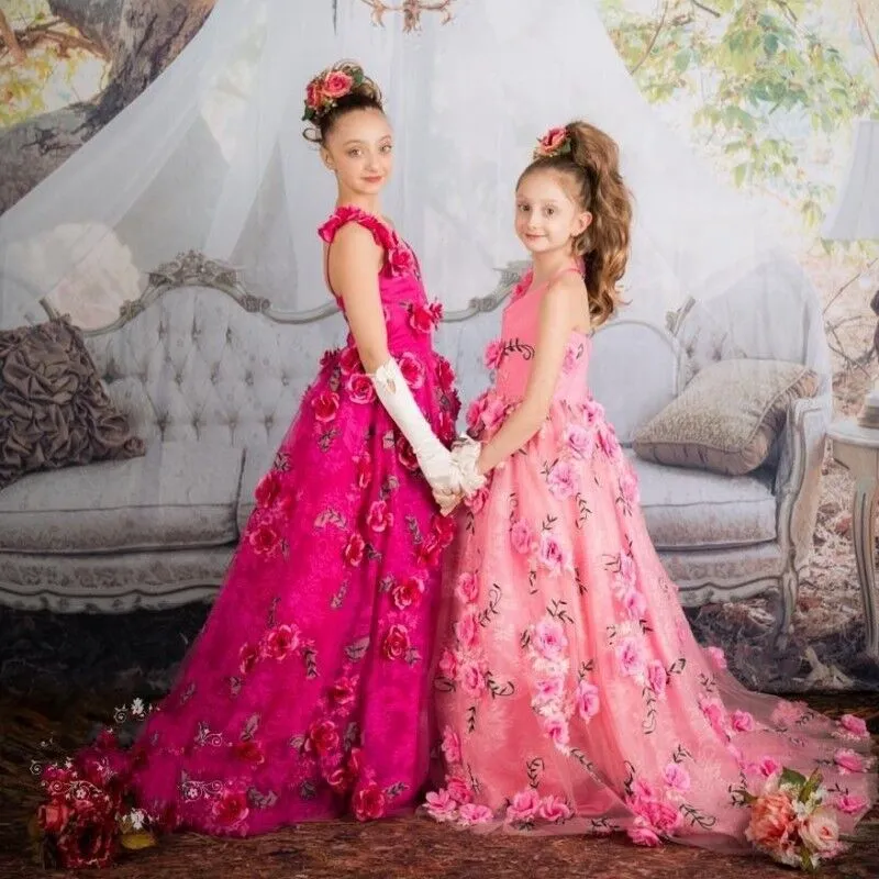 Nieuwste Kleurrijke Bloem Meisjes Jurken 2017 Custom Made Little-v-hals Pageant jurk met handgemaakte bloemen glamoureuze mooie meisjes bruidsjurken